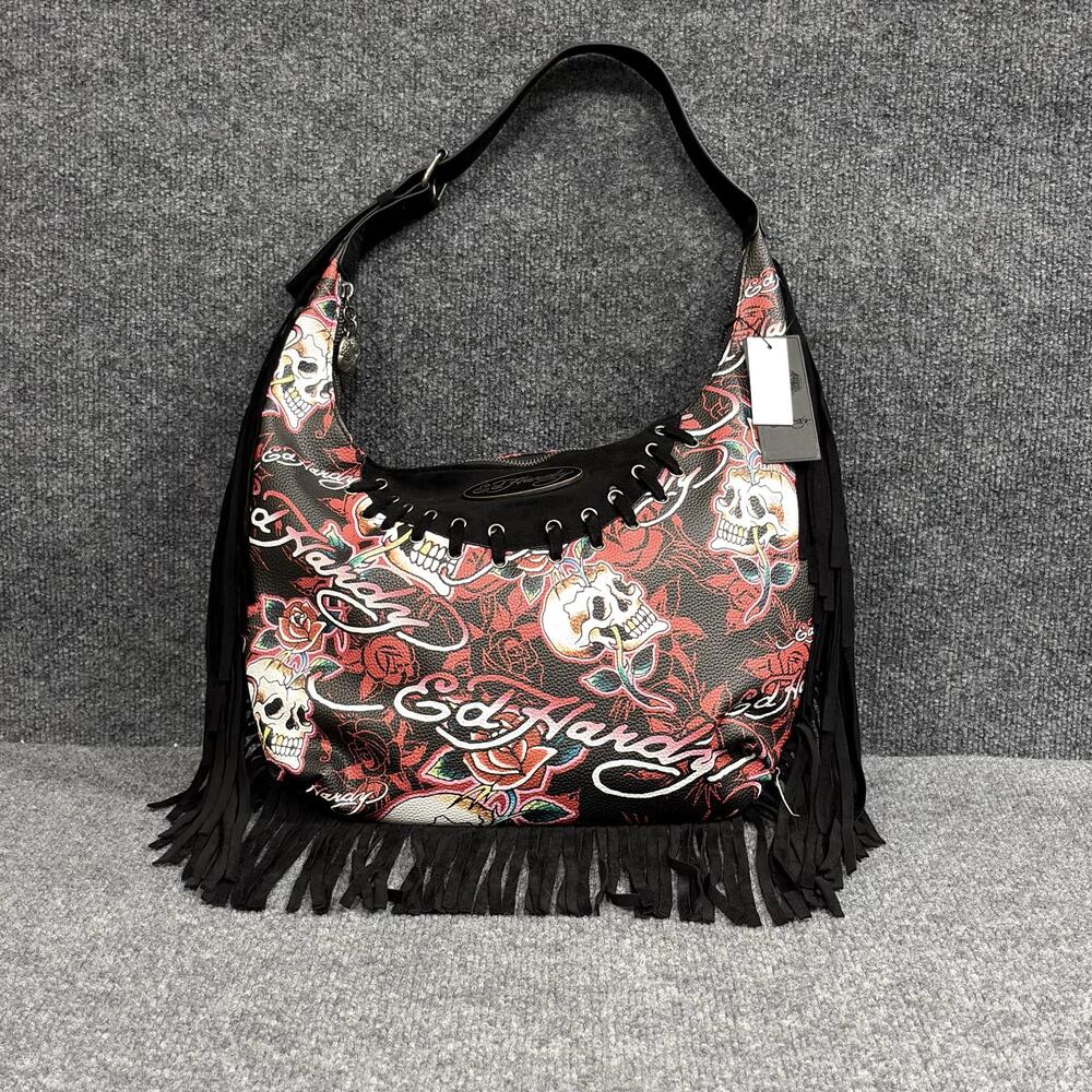 Ed Hardy Hobo Bag Womens Large Red Black Skull Rose Fringe Adjustable Print Y2K